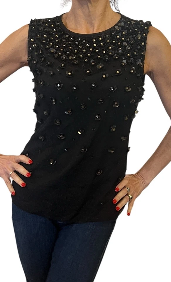 Blusa Top RED VALENTINO Negra Floral Lentejuelas Adornada Malla Tul Sin Mangas S Foto 2 de 4