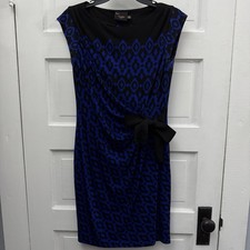 Taylor Blue Black Wrap Dress Womens 6 Sheath Stretch Career Office Elegant Midi