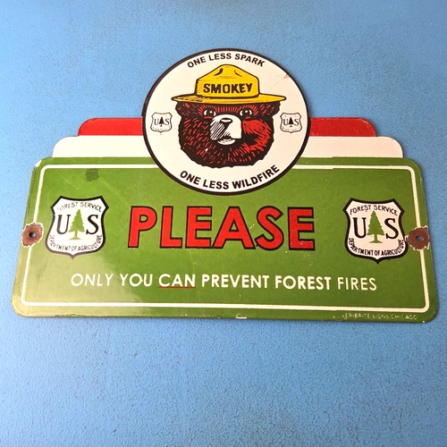 Vintage Forest Service Sign - Smokey Bear Please Prevent Gas Porcelain Sign