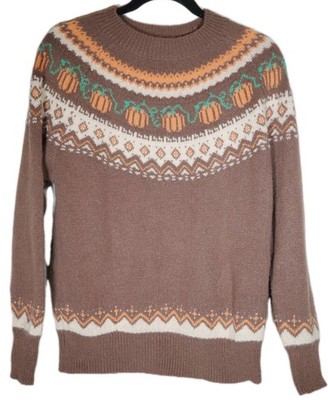 Cozy Pumpkin Sweater Fair Isle Brown Acrylic Women's L