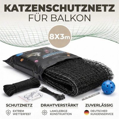 Katzennetz für Balkon OHNE BOHREN 8x3m -Extra Drahtverstärkt mit Befestigungsset