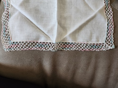 Vintage Pink, Blue & White Crocheted/Natted Edged Handkerchief - Picture 7 of 8