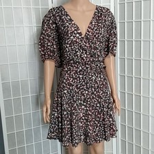 NINE WEST Wrap Dress Womens XXL Black Red White Abstract Print Puff Sleeve