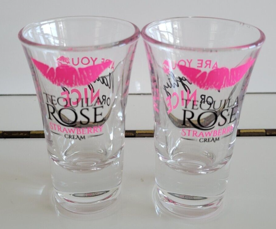 2 CLEAR TEQUILA ROSE SHOT GLASSES ETCHED IN PINK AND BLACK 3.5 INCHES 1