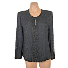 VTG 90s Laurence Kazar SILK Beaded Jacket Cardigan SEQUIN Evening Black PM