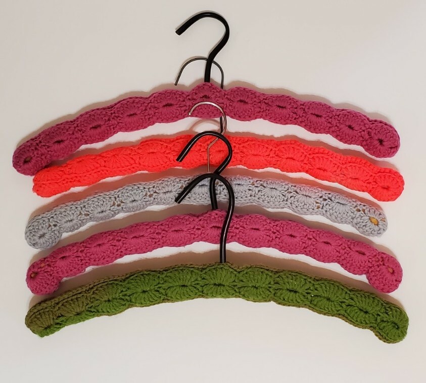 Vintage Handmade Knit Crochet Covered Clothes Hangers Pink Blue Green