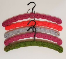 Vintage Handmade Knit Crochet Covered Clothes Hangers Pink Blue Green Lot of 5