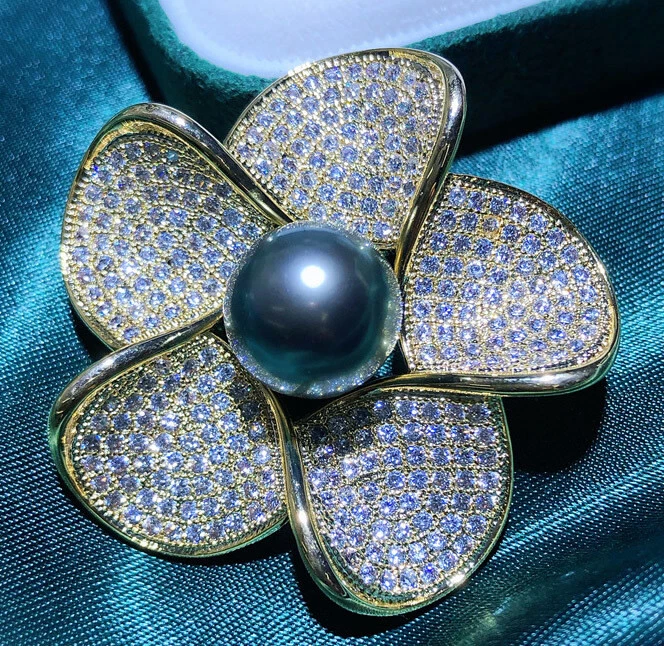 Натуральный 11-12 мм пресноводный черный жемчуг кристалл цветок броши 18KGP для женщин - Изображение 2 из 4