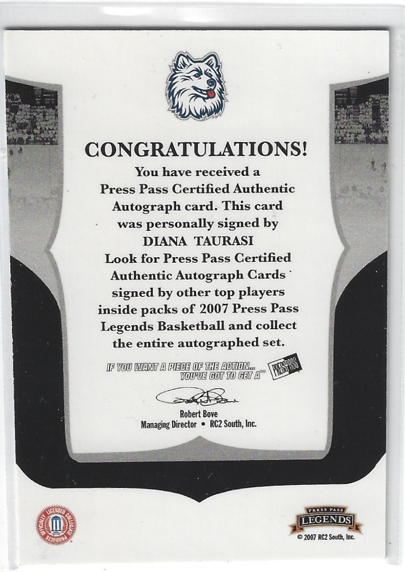 DIANA TAURASI UCONN CONNECTICUT HUSKIES PRESS PASS LEGENDS AUTO 