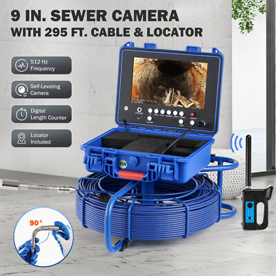 9'' Self-Leveling Sewer Camera w 512Hz Locator 295ft/90m Meter Counter 720P 32GB