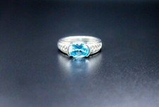 925 Sterling Silver Swiss Blue Topaz Oval Solitaire Vintage Ring Signed