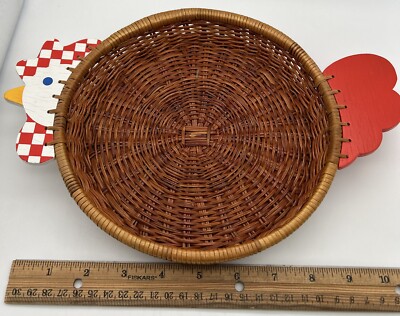 Vintage Woven Wicker & Wood Chicken Rooster Basket Wood Head 8” Round ...