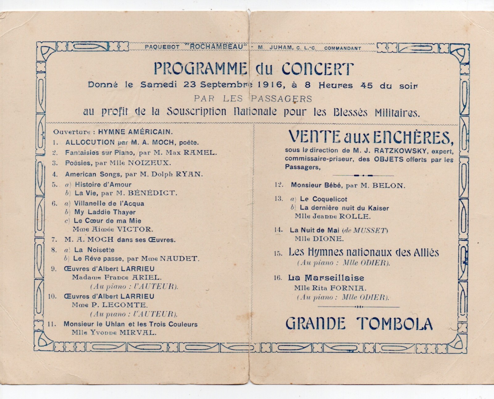 1916 Concert Program from the Steamship Rochambeau of the Transatlantique Line