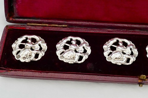 RARE EDWARDIAN CASED SET of 6 HM STERLING SILVER ART NOUVEAU BUTTONS 1900 - Picture 2 of 12