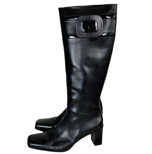 Bruno Magli Womens Boots 38 Classic Tall Black Half Zip Square Toe Heeled Knee - Picture 5 of 12