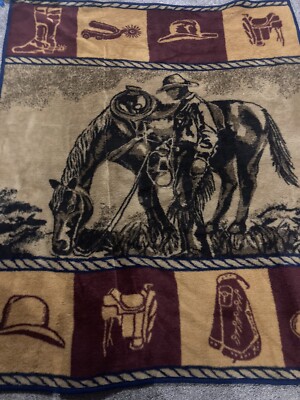 Vtg San Marcos Blanket Cowboy Horse Western Reversible Cobija