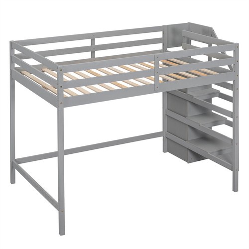 Full Size Loft Bed with Built-in Storage Wardrobe &Staircase for Kids Teens Gray - Picture 10 of 16