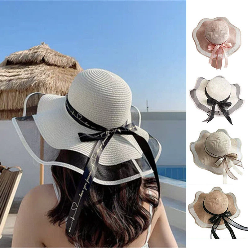 Women Big Wide Brim Straw Hat Floppy Beach Sun Foldable Cap Summer Bowknot