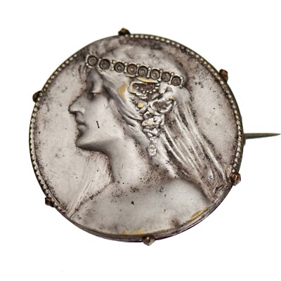 Broche Ancienne En Argent Massif 925 - Style Art Nouveau Plaque Femme - Occasion