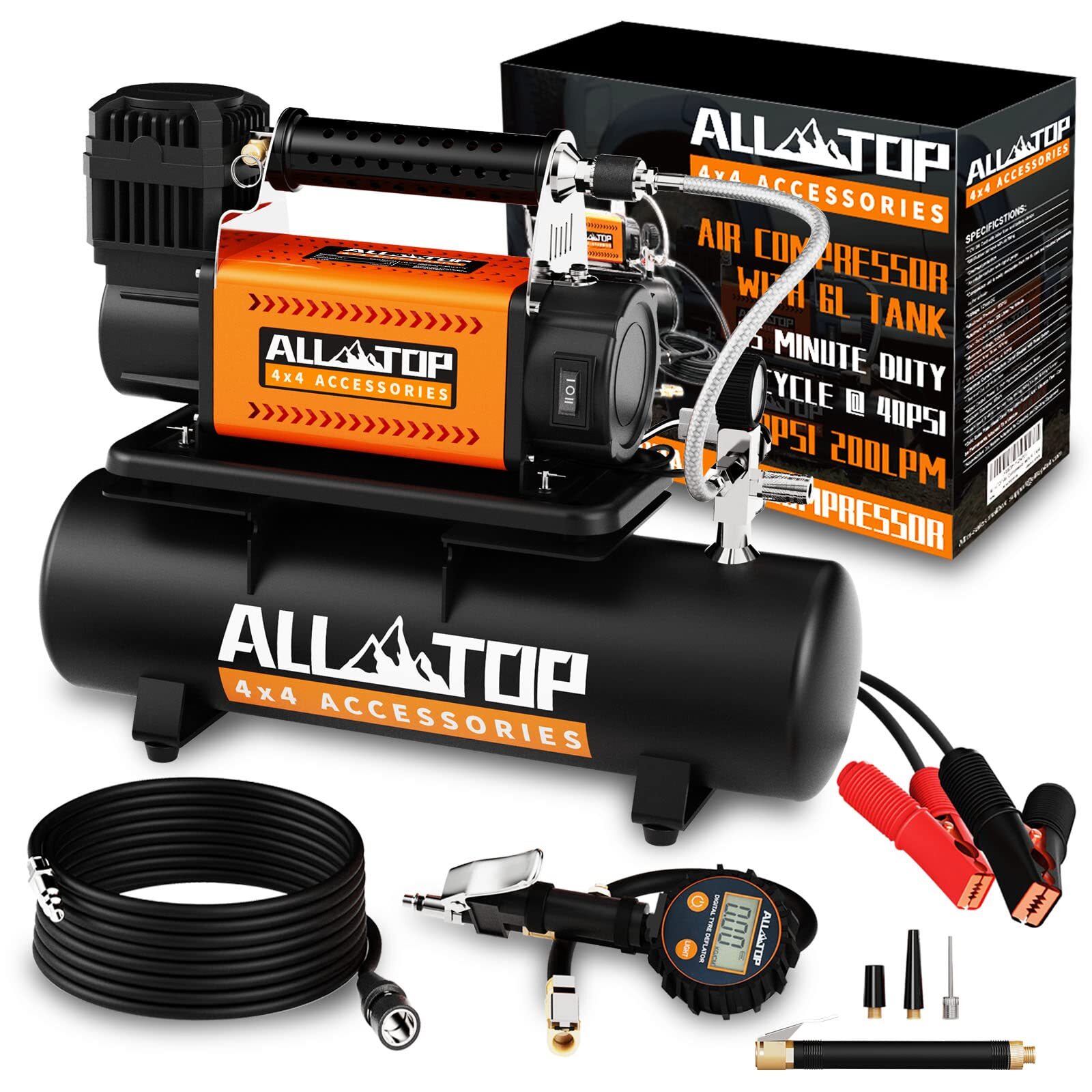 ALL-TOP Air Compressor with 6L Tank Kit,12V Portable Inflator & Oil-Free Stee...