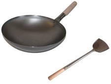 Wok SET Pfanne 40cm Ø runder Boden + Spatel Gas Induktionsmulde Carbon Stahl Ede
