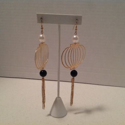 Gold Tone Black and White Beaded Long Pierced Earrings 5 1/2''