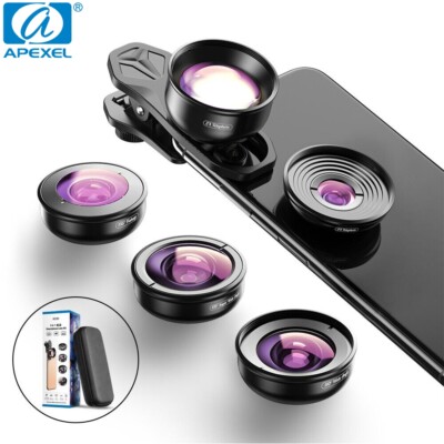 APEXEL 5 in 1 lens kit 4K HD 2X Telescope 195° Fisheye 10x Macro Lens for Phones