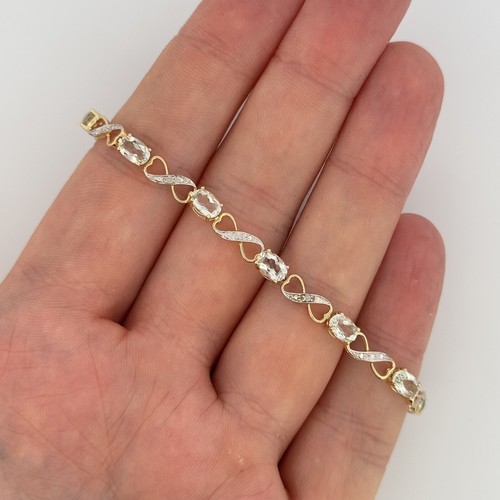 9ct Yellow Gold Blue Topaz & Diamond Cluster 7.5" Tennis Bracelet Hallmarked - Picture 2 of 5