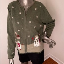 Croft Barrow Vintage Green Snowman Zip Embroidered Holiday Cardigan L