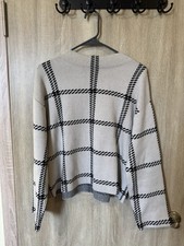 Ann Taylor Factory Beige Black Plaid Mock Neck Long Sleeve Pullover Sweater M