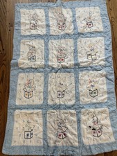 Vintage Handmade Embroidered Blue Baby Quilt Animals In Box 47 X 32 Yarn Tied