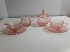 Jeanette Poinsettia Pattern Depression Glass Sugar & Creamer, 2 Cups & Saucers