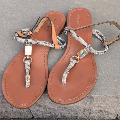 Coach Brown Beige Black Snake Print Leather Thong Sandals with Buckle and Logo