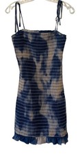 STORIA Blue + Gray Tie-Dye Smocked Sleeveless Tie Strap Mini-Length Dress Medium