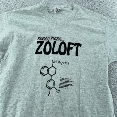 Vtg Zoloft Beyond Prozac T-Shirt Fits M/L Gray Antidepressant Drug Chemistry USA