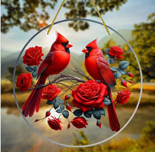 Small Vibrant 2D Cardinal Bird and Rose Suncatcher-Acrylic-Stained Glass Look 4"