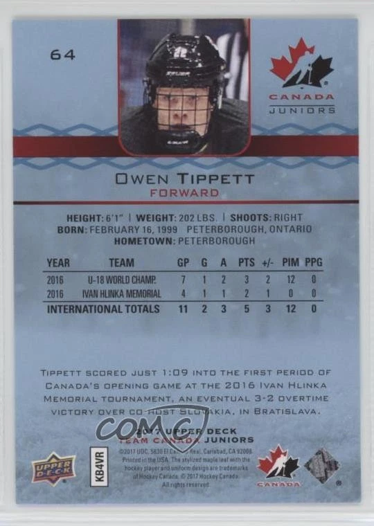 2017 Upper Deck Team Canada Juniors Blue Spectrum Owen Tippett #64 Rookie RC - Image 2 of 2