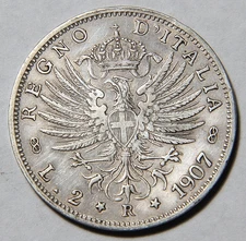 1907 Italy Two 2 Lire Nice XF+ Hairlines -5228-