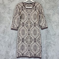 Madeline Dress Womens 42 Brown Beige Knit Jacquard Beaded 3/4 Sleeve Wool Blend