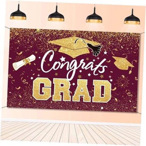 Graduation Party Decorations - Congrats Grad Class of 2025 Backdrop Maroon Gold