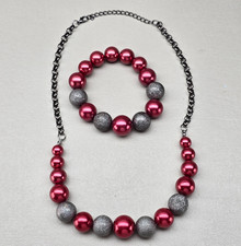 Vintage Necklace Bracelet Set Red Faux Pearl Silver Stardust Bead Gunmetal Tone