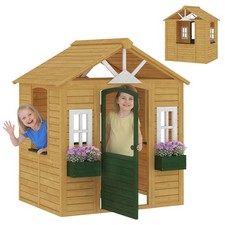 Drewniany domek zabaw dla dzieci Domek zabaw Outdoor z drzwiami 3 okna 2 skrzynki na kwiaty