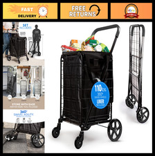 Large Folding Utility Shopping Cart - Heavy Duty, 110 lb Capacity, 360 Wheels,