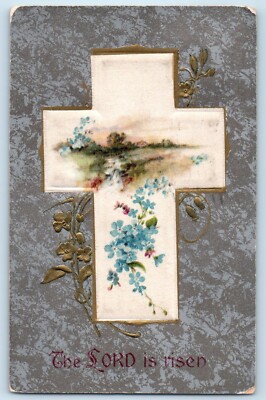 1913 Easter Holy Cross Flowers The Lord Is Risen Winsch Back Silk Postcard