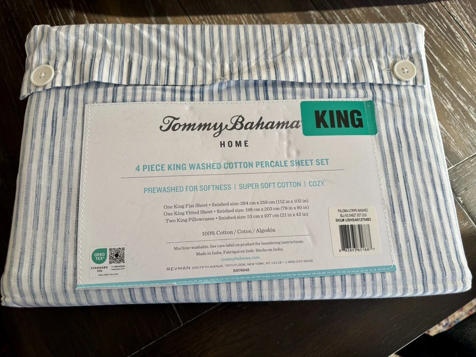 Tommy Bahama KING 床单套装水洗 100% 棉 Percale 蓝色白色条纹 4 件 全新 — 第 2/4 张图片