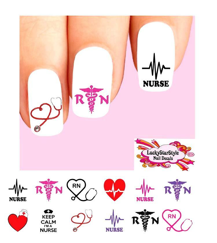 Waterslide Nail Decals Set of 48 Nurse RN Caduceus Heart Stethoscope