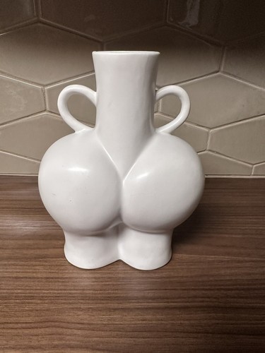 Love Handles Vase 9” Tall Unmarked White 2 Handles Bellybutton Hips - Picture 5 of 12