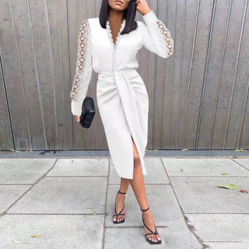 Womens Lace V Neck Wrap Dress Ladies Long Sleeve Evening Cocktail Midi Dress - Picture 7 of 10