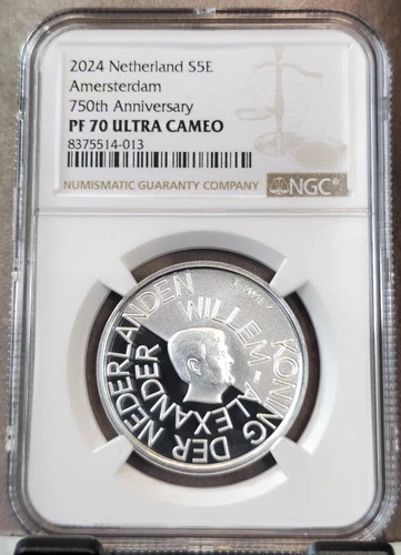 2024 NETHERLANDS SILVER 5 EURO AMSTERDAM 750TH ANNIV NGC PF 70 ULTRA CAMEO RARE