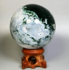 Natural Moss Agate Quartz Crystal Stone Sphere Ball Mineral Specimen / Stand
